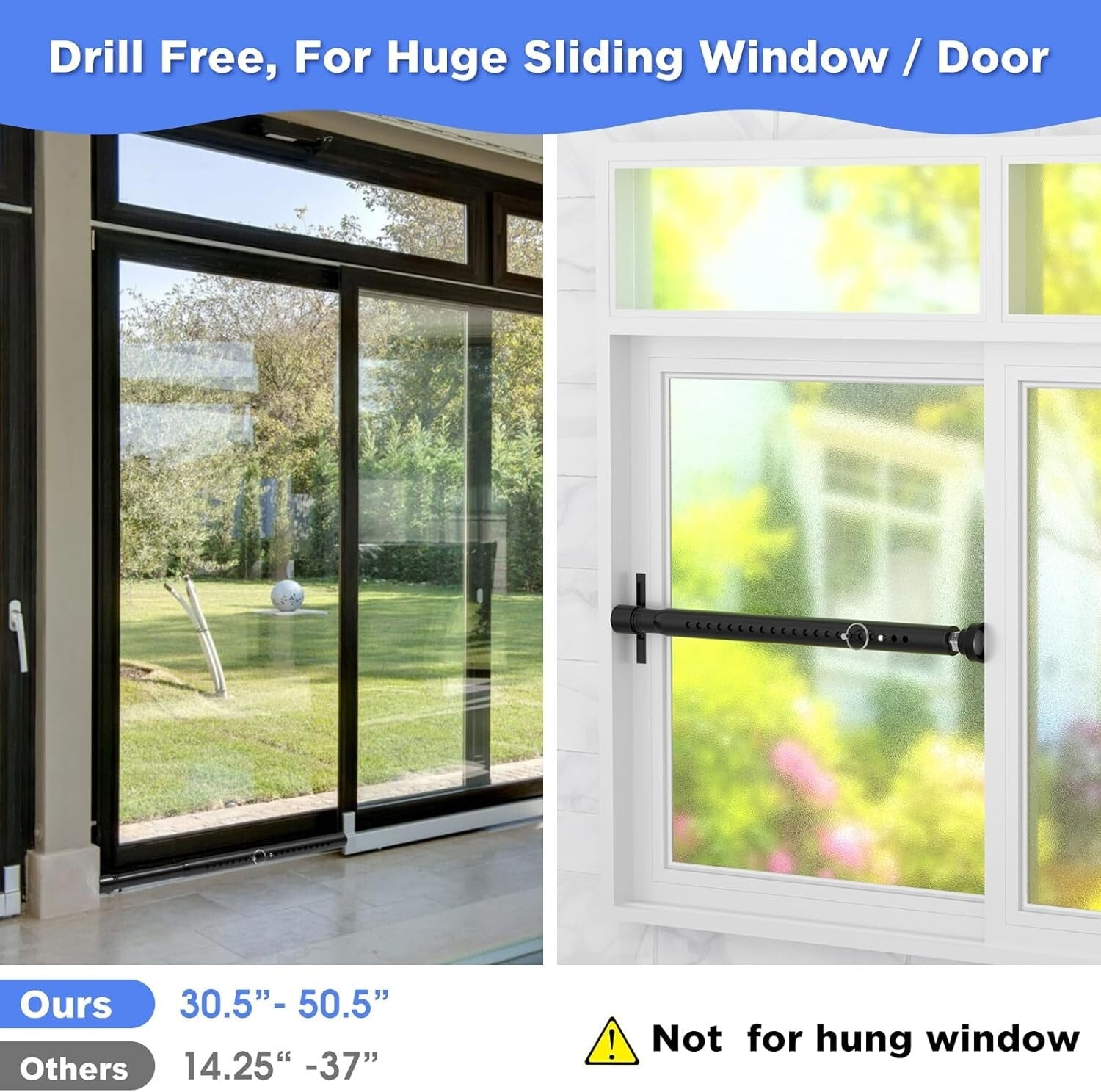 Adjustable Sliding Door Security Bar - 2-Pack Childproof Window Lock, 16-51 Inch