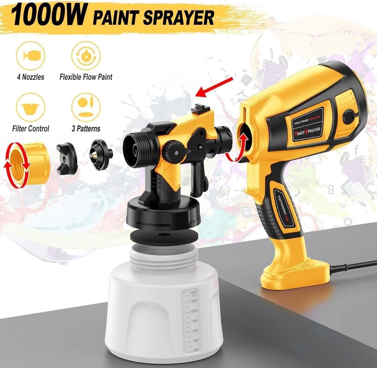 1000W High Power Electric Spray Gun - Easy Clean Paint Sprayer and Accessories