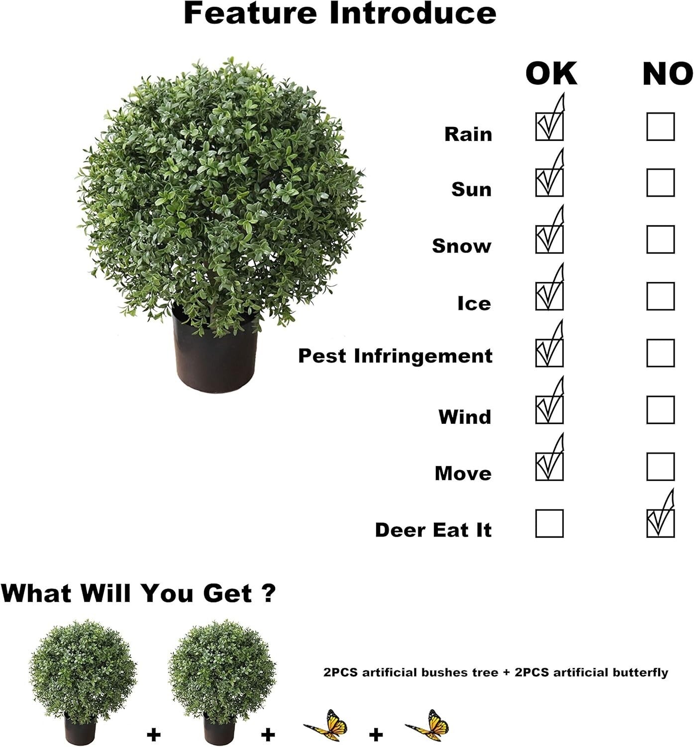 Elegant Set of 2 Fake Boxwood Topiary Trees - 24'' Height for Outdoor Decor