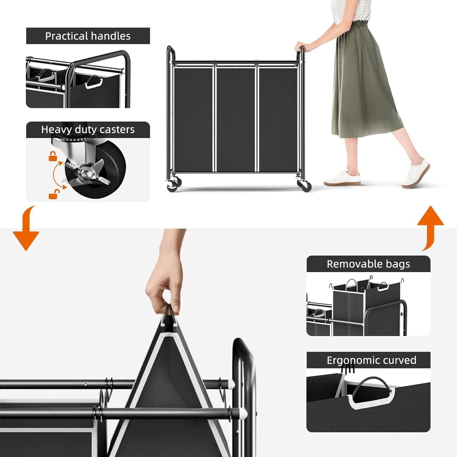 Eco-Conscious Laundry Sorter Cart with Waterproof Bags & Locking Wheels, Black