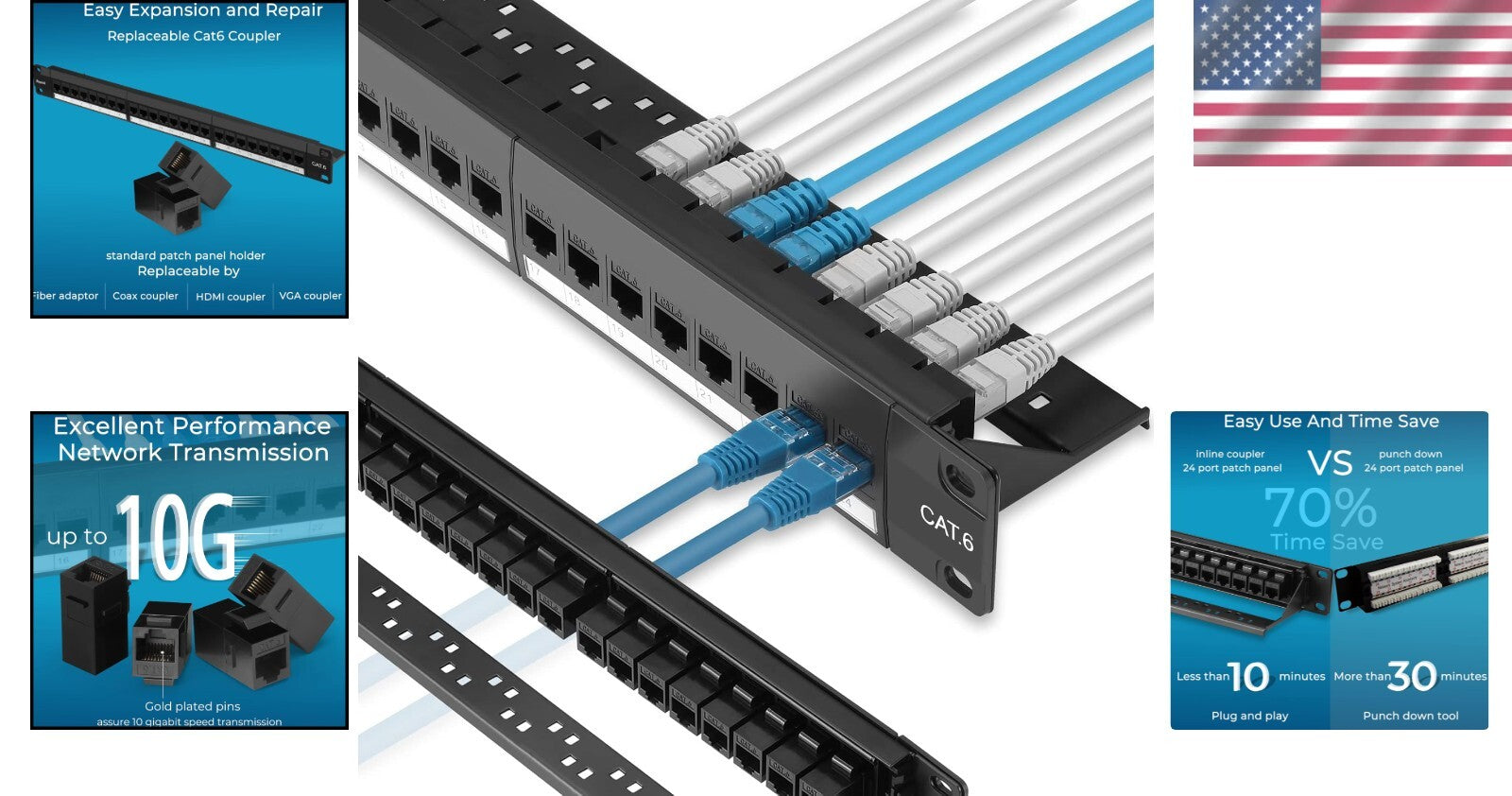 24-Port Cat6 Patch Panel with Pass-Thru Couplers - 10G High Speed Solution