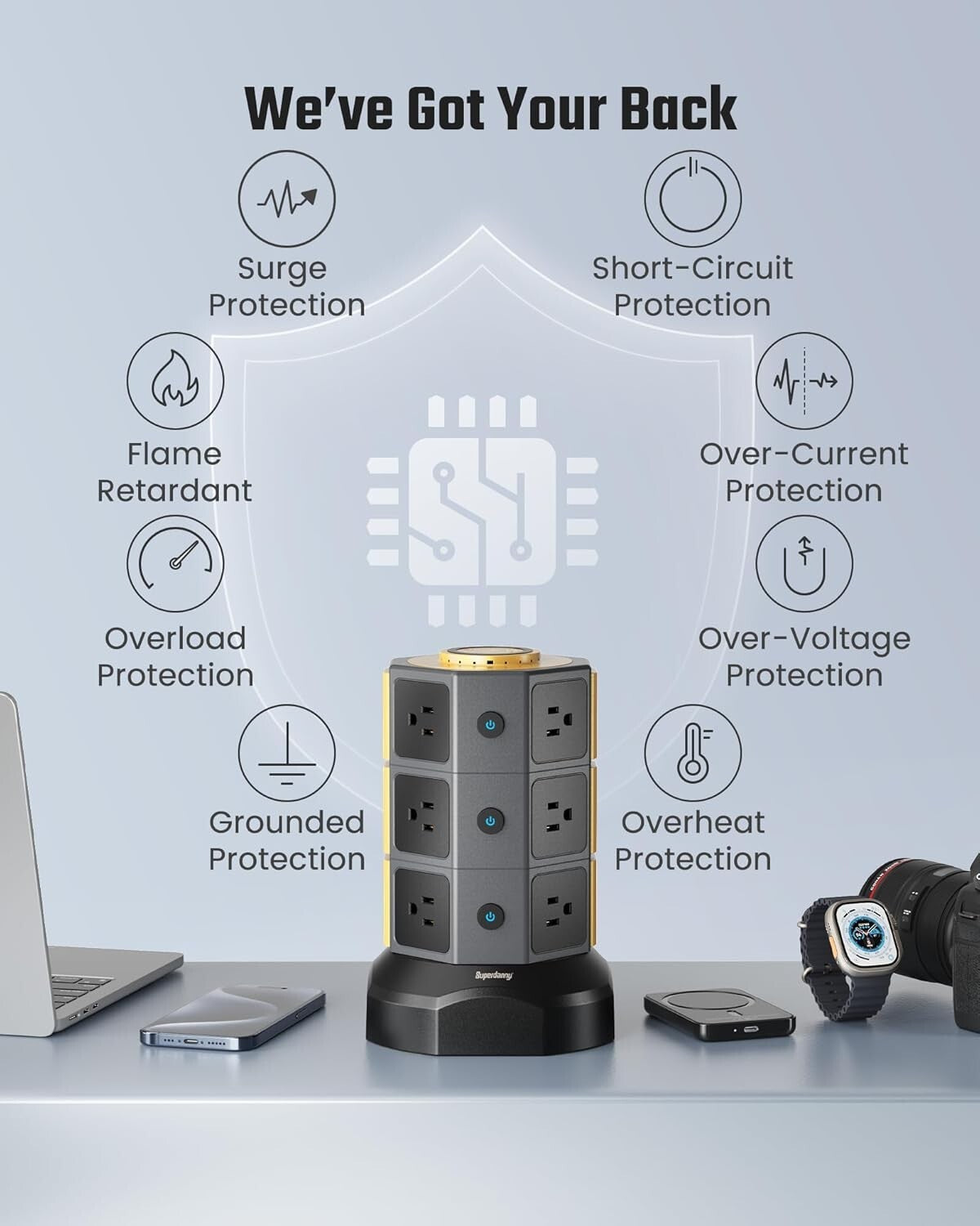 Elegant Surge Protector Tower with 15W Wireless Charger & 12 AC Outlets in Gold