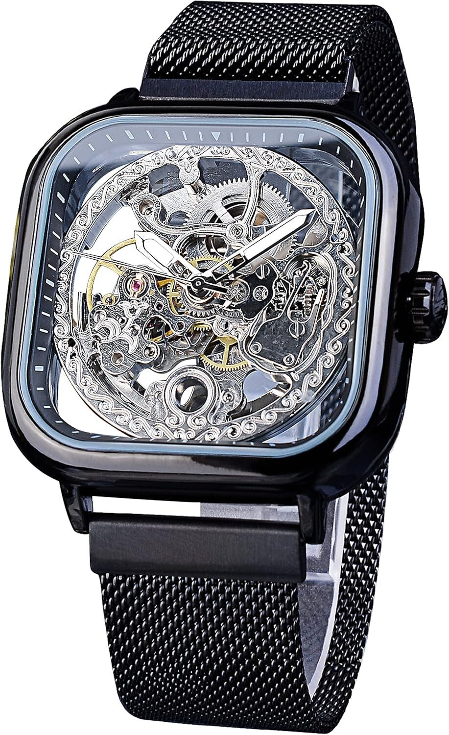 Elegant Men's Skeleton Wristwatch with Flower Movement Carving & Stainless Steel