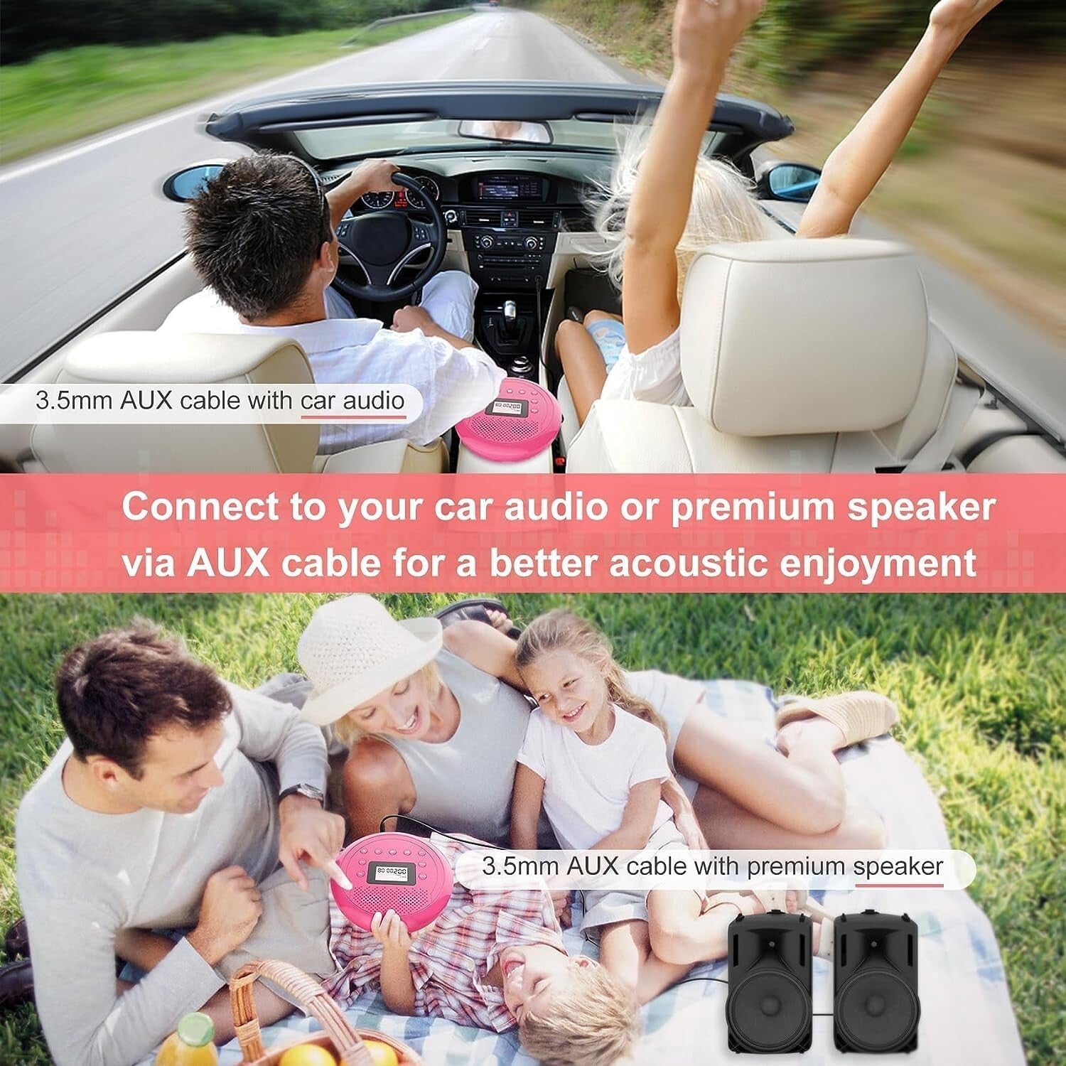 Travel-Friendly Rose Red CD Player with Headphones - Anti-Skip & TF Card Support