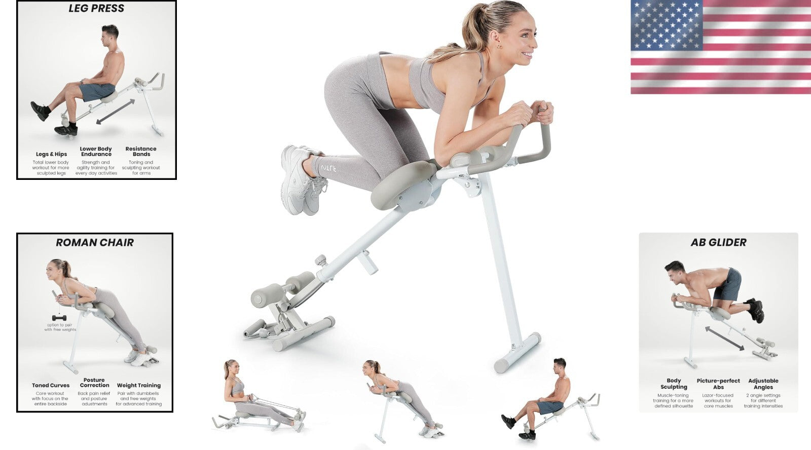 Space-Efficient 4-in-1 Fitness Equipment: Rowing, Ab Glider, Leg Press Machine