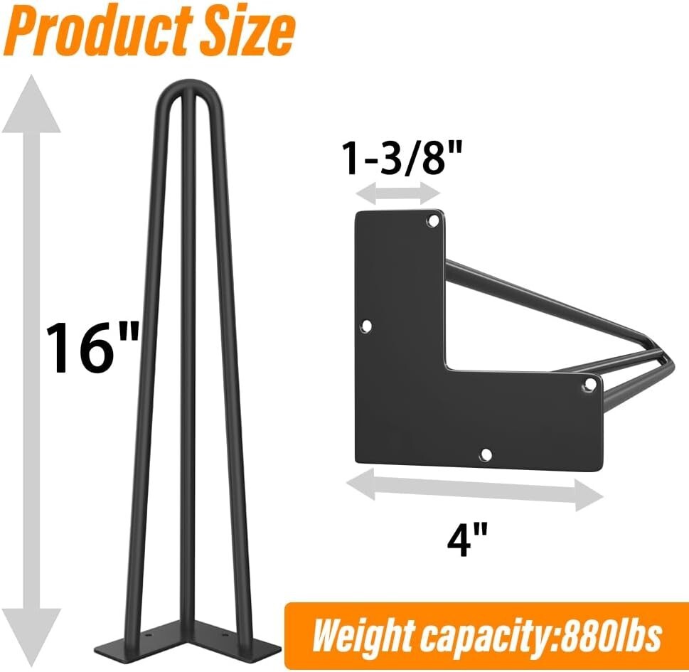 Durable Hairpin Table Legs 16-Inch for Custom Desks and Benches - 880 lbs Load