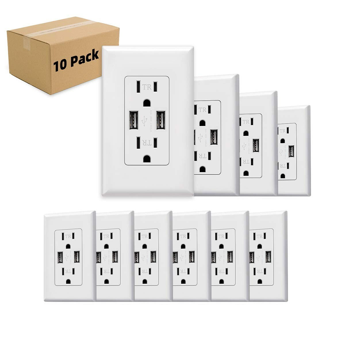 Effortless 3.1A Dual USB Charging Wall Outlet - 15-Amp Tamper Resistant 10-Pack