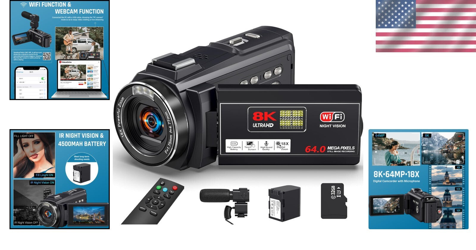 8K 64MP Vlogging Camera with 18X Zoom, IR Night Vision & WiFi Connectivity