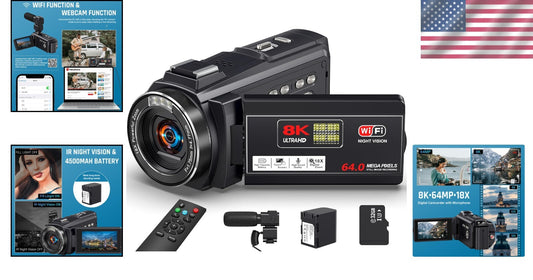 8K 64MP Vlogging Camera with 18X Zoom, IR Night Vision & WiFi Connectivity