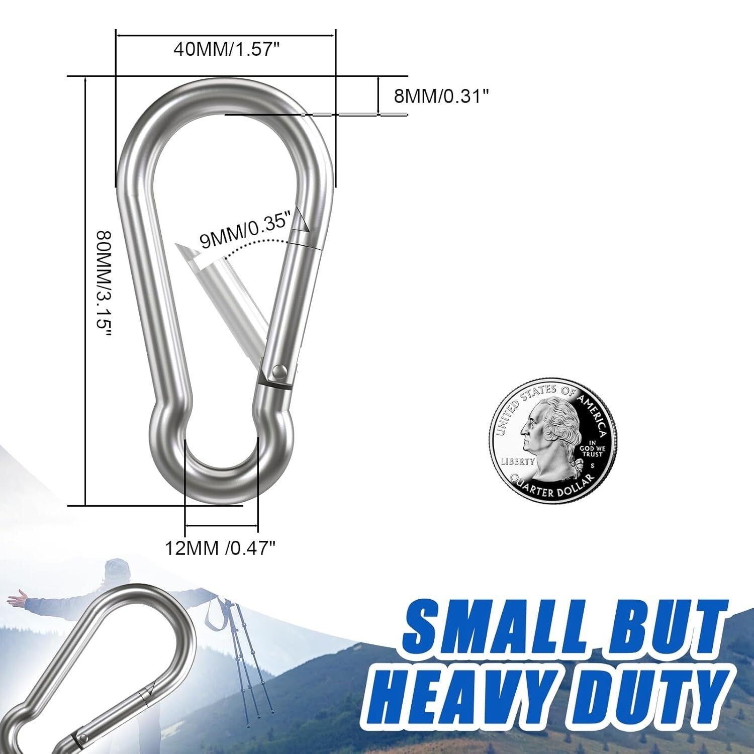 3.15 Inch Reliable Stainless Steel Carabiner Clips - 20 Pack for Versatile Use