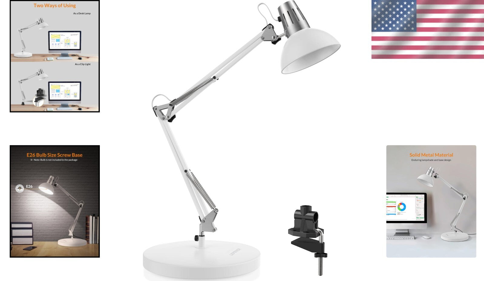 Clip-On Metal Desk Lamp with Adjustable Arm - Perfect for Home Offices & Reading