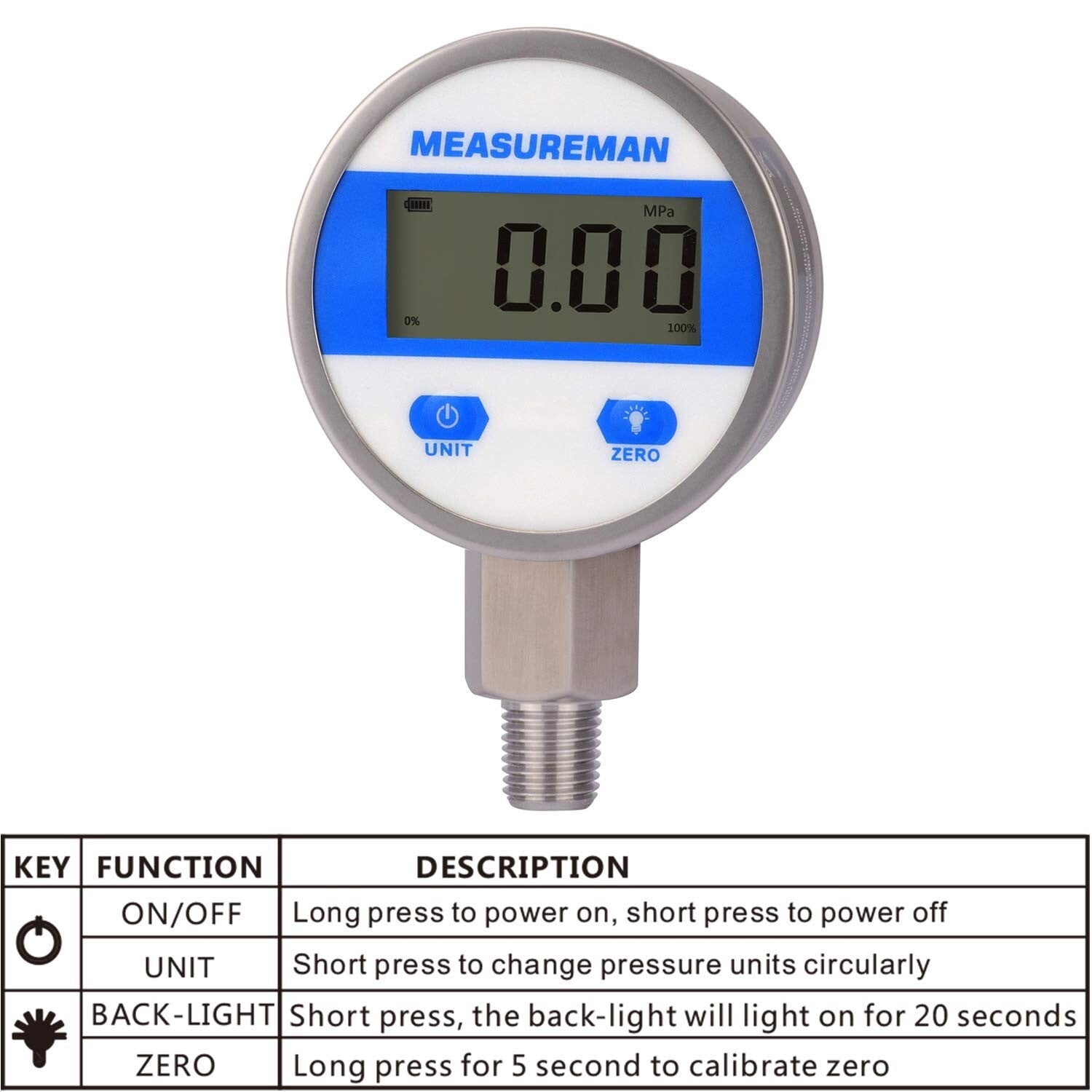 Accurate 2-1/2" Digital Pressure Gauge with 304SS Case & LED Light, 1% Accuracy