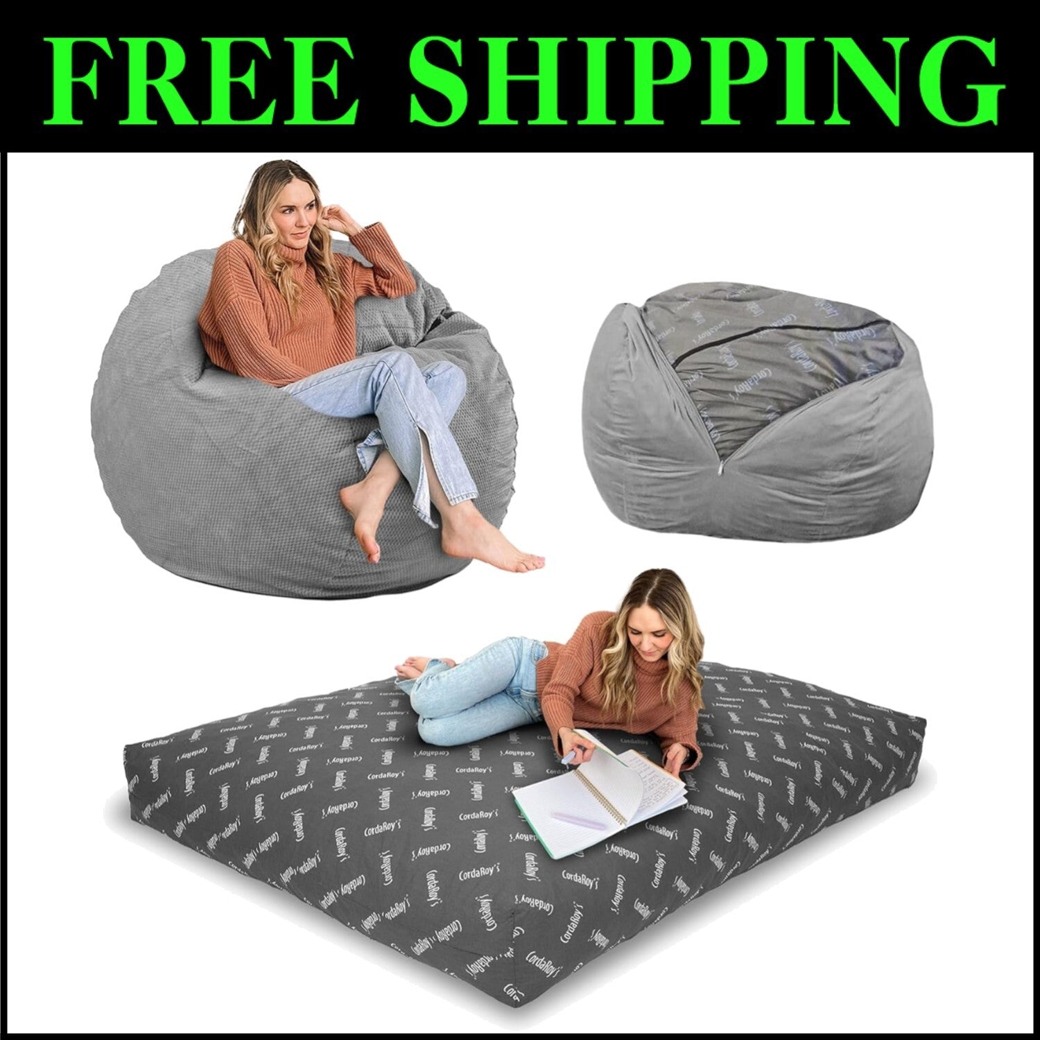 Cozy Chenille Bean Bag Chair & Bed - Full Size, Adjustable & Washable - Charcoal