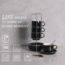 Load image into Gallery viewer, Insulated Porcelain Coffee Cup Set - 4 Stackable 8oz Latte and Cappuccino Mugs