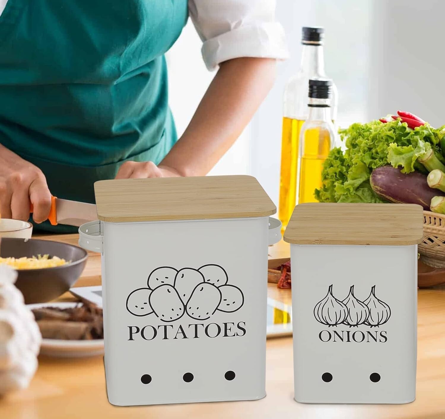 Elegant Vegetable Storage Tins Set of 2 with Wooden Lids for Fresh Produce