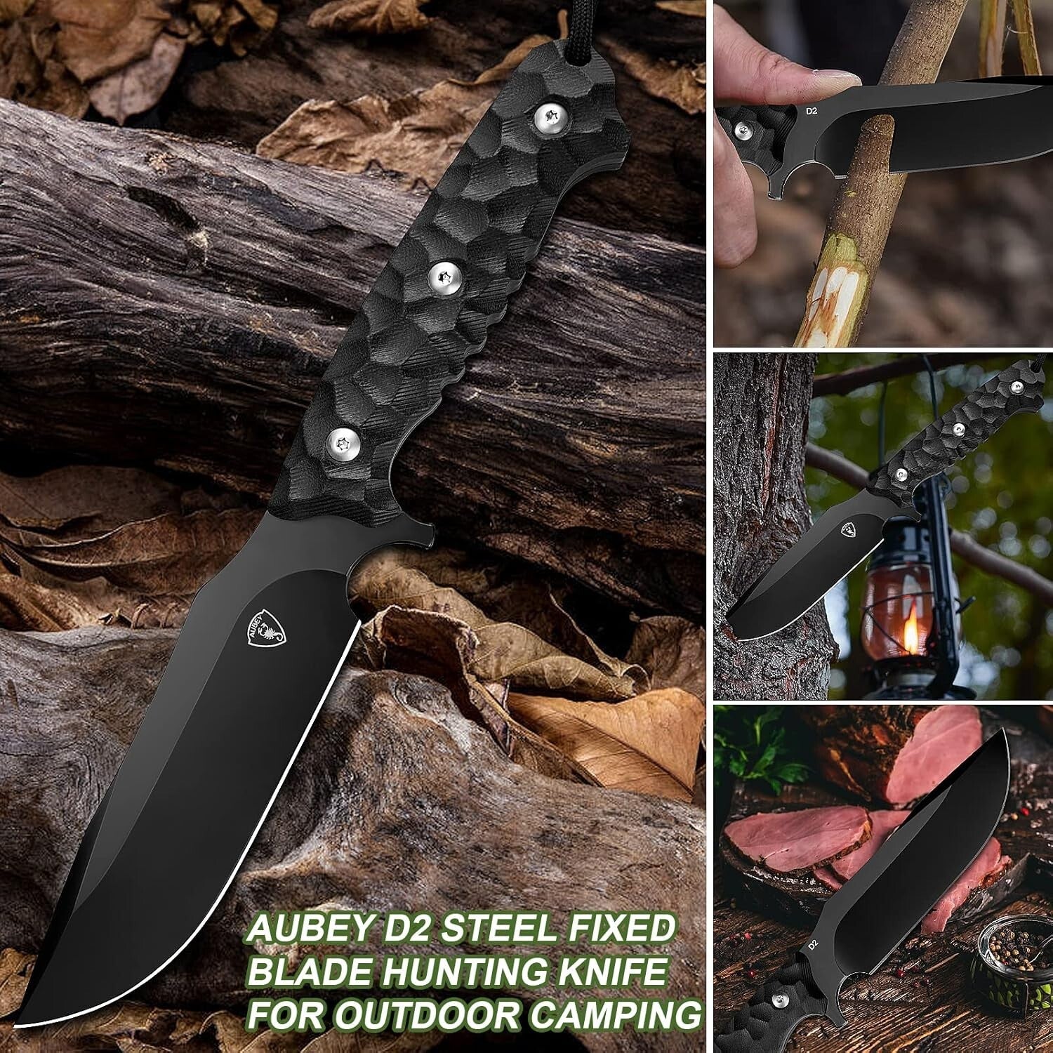 Durable Outdoor Survival Knife - 10.6" D2 Fixed Blade & Non-Slip G10 Handle