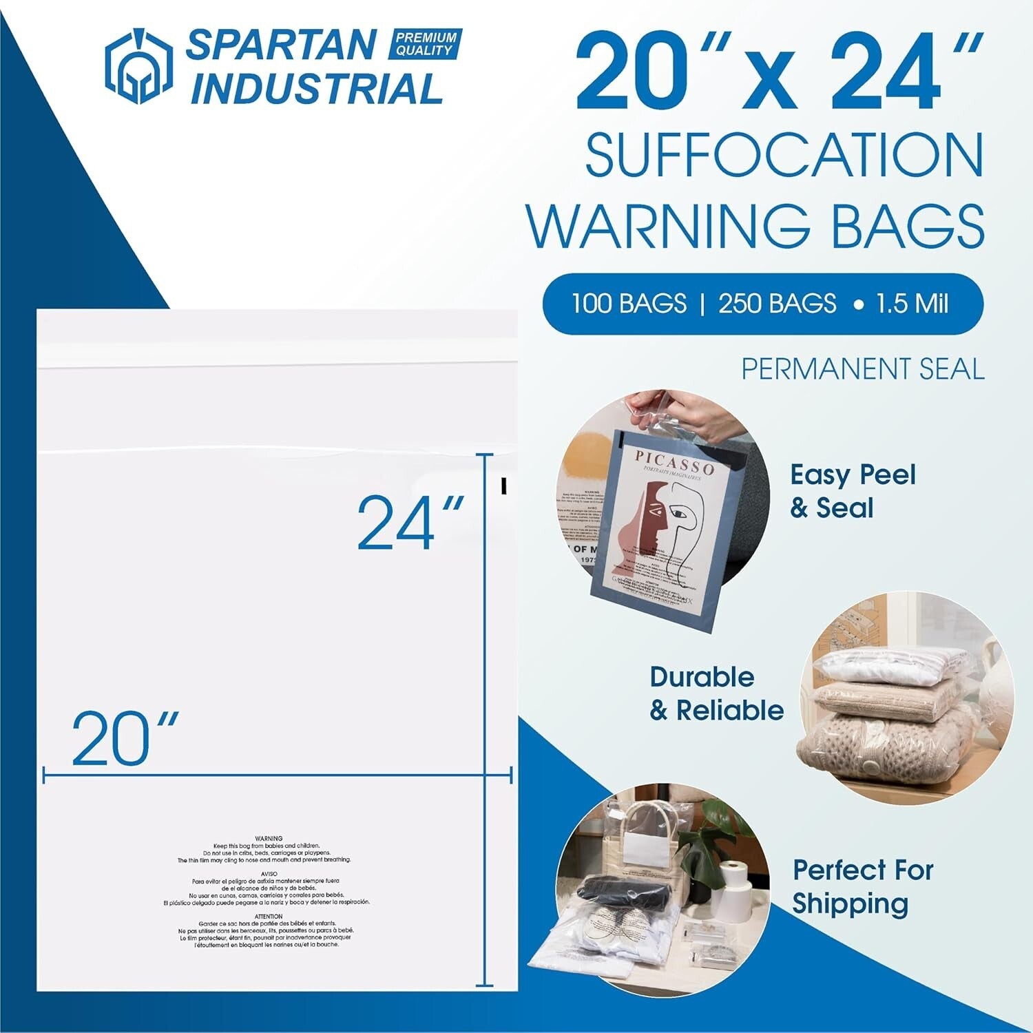 200 Count 20" x 24" Clear Poly Bags with Suffocation Warning for Safe Packaging