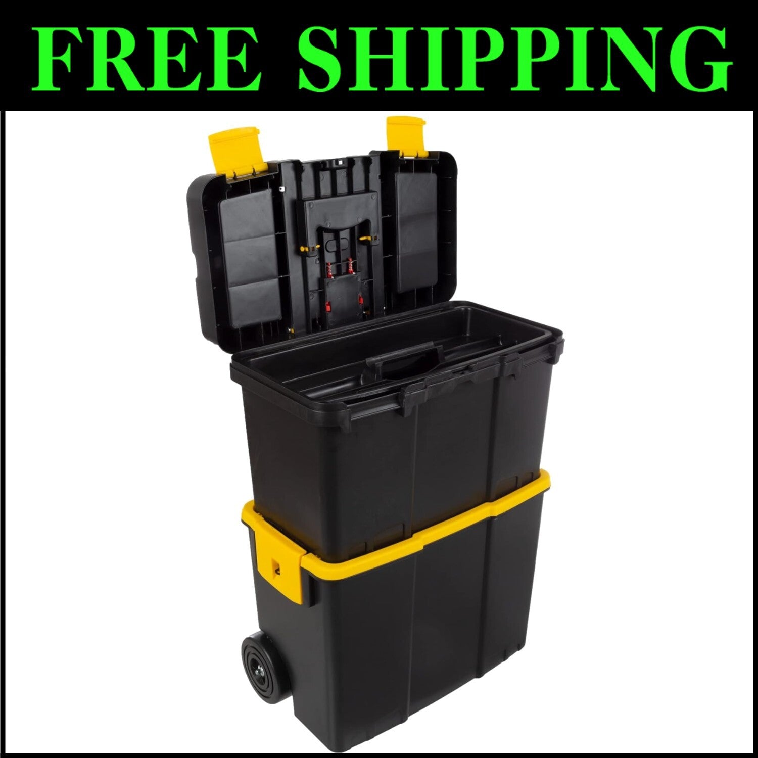 Durable Portable Tool Box with Wheels - Stackable 2-in-1 Organizer, Black/Yellow