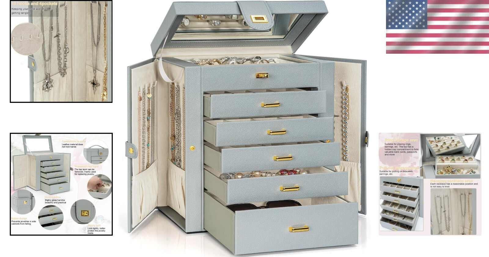 Elegant 5-Drawer Jewelry Organizer with Mirror - Dustproof Leather Storage