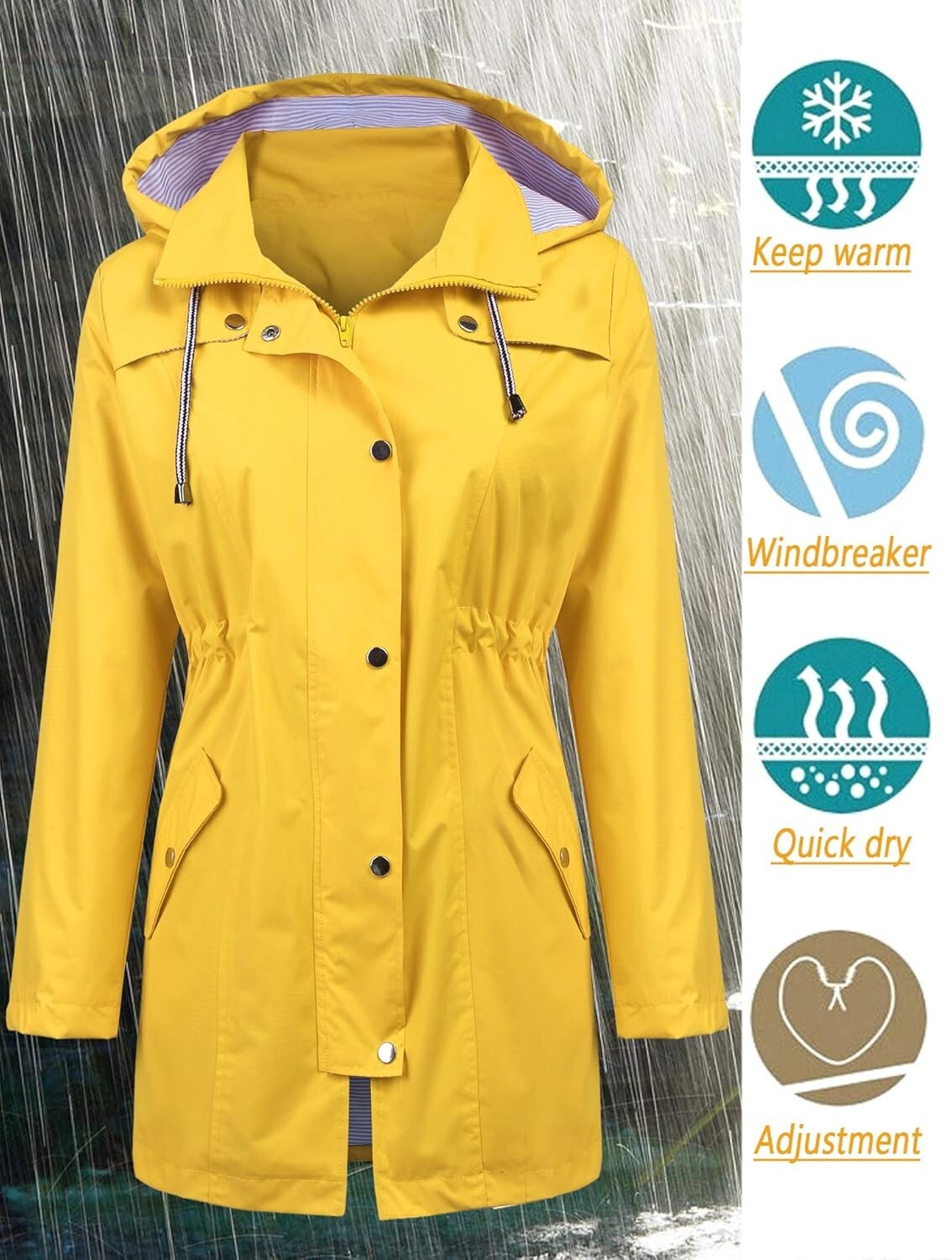 Elegant Women's Hooded Waterproof Raincoat - Lightweight Travel Jacket S-XXL