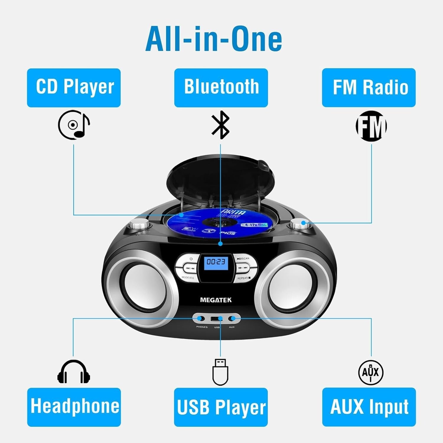 Versatile CD Boombox with Bluetooth, USB, and FM Radio - Ultimate Convenience