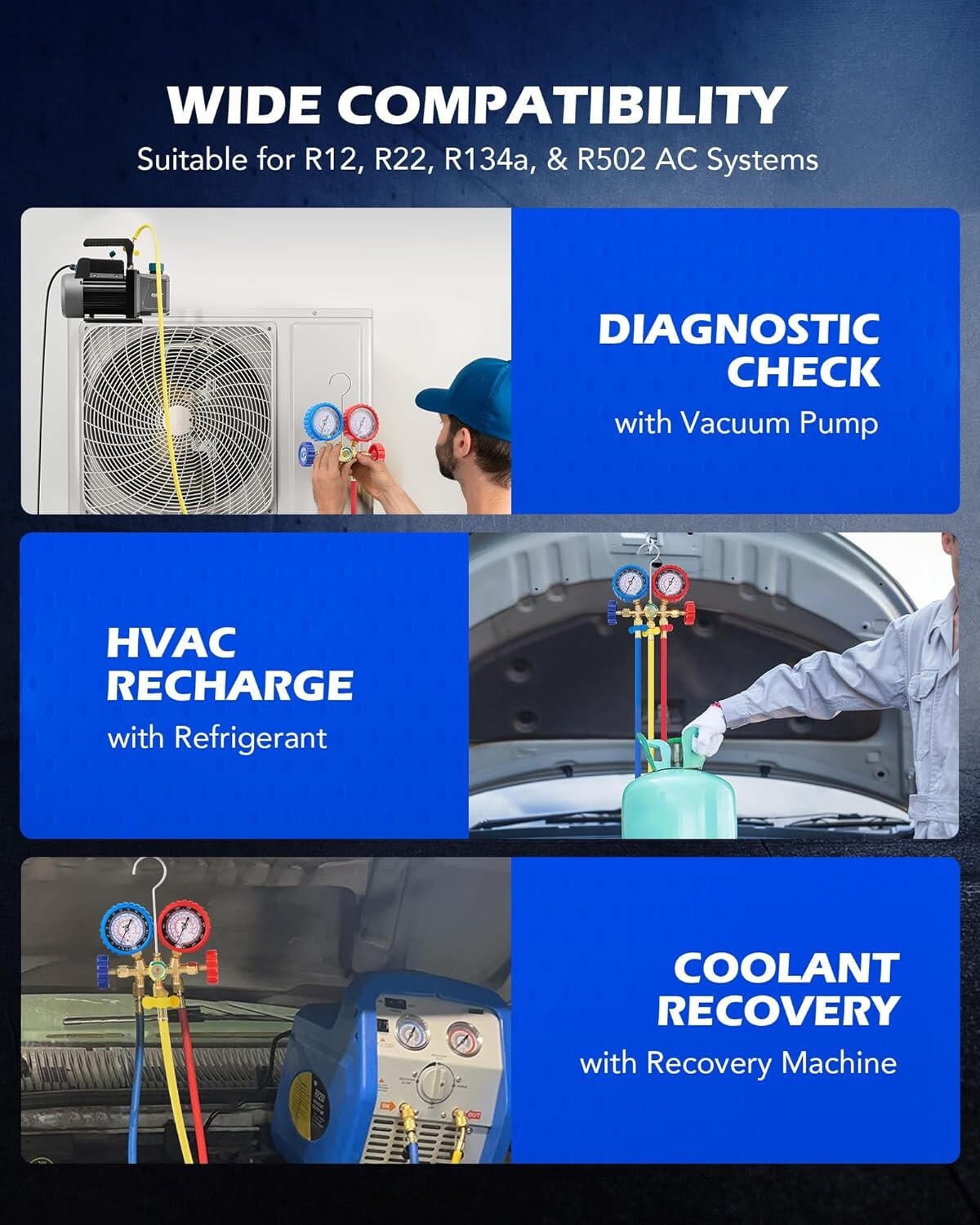 Comprehensive AC Gauge Kit for R134A, R12, R22 Refrigerants - Durable & Accurate