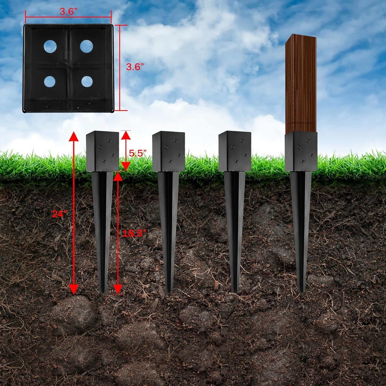 Heavy-Duty 8 Pack Black Metal Post Anchors - Quick Install for Mailbox or Fence