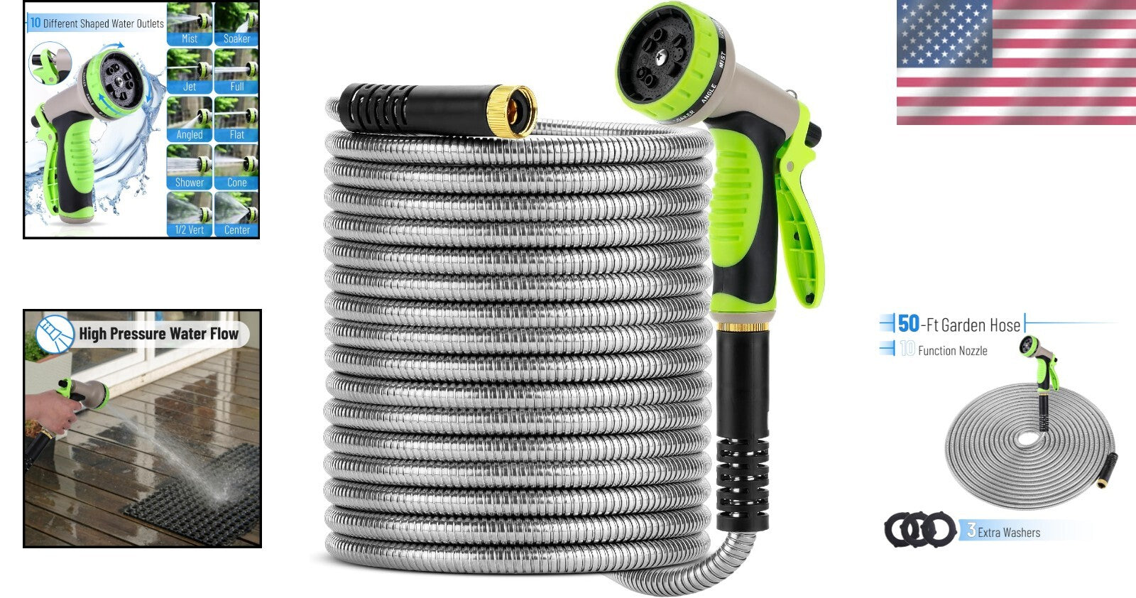 Durable 50-Ft Stainless Steel Garden Hose with Tangle-Free 10-Function Nozzle