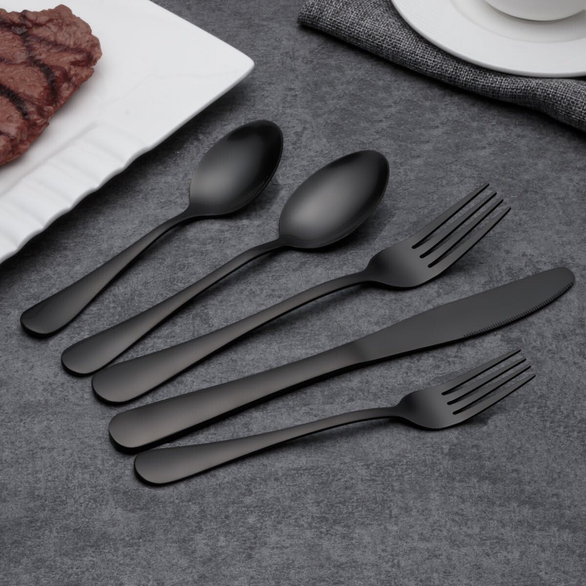 High-Quality 40-Piece Shiny Black Stainless Steel Cutlery Set - Elegant Dining