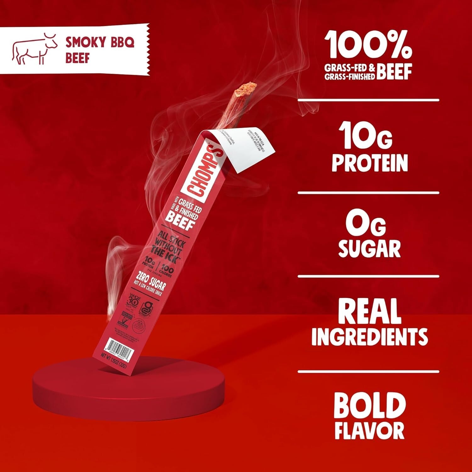 High-Protein Grass-Fed Beef Jerky Snack Sticks - Bold Smoky BBQ Flavor, 24-Pack