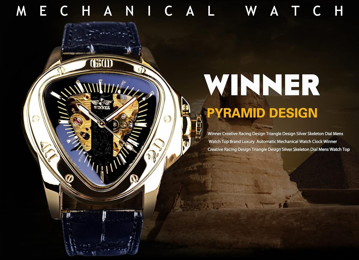 Winner Men's Mechanical Watch with Unique Pyramid Dial & Golden Skeleton Style