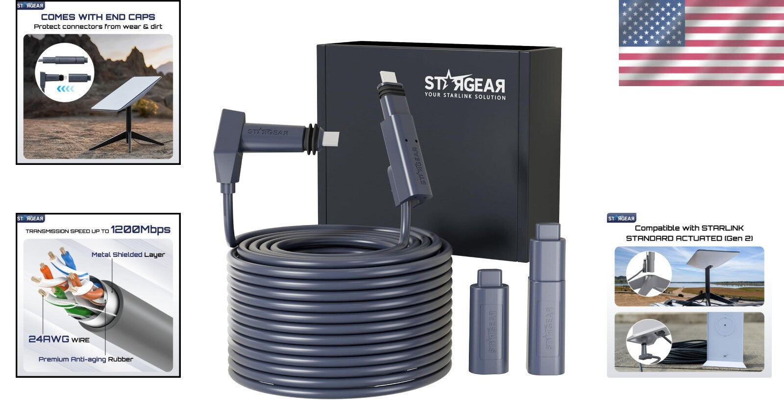 Durable 75FT Starlink Cable with Dustproof Covers for Gen2 Rectangular Satellite