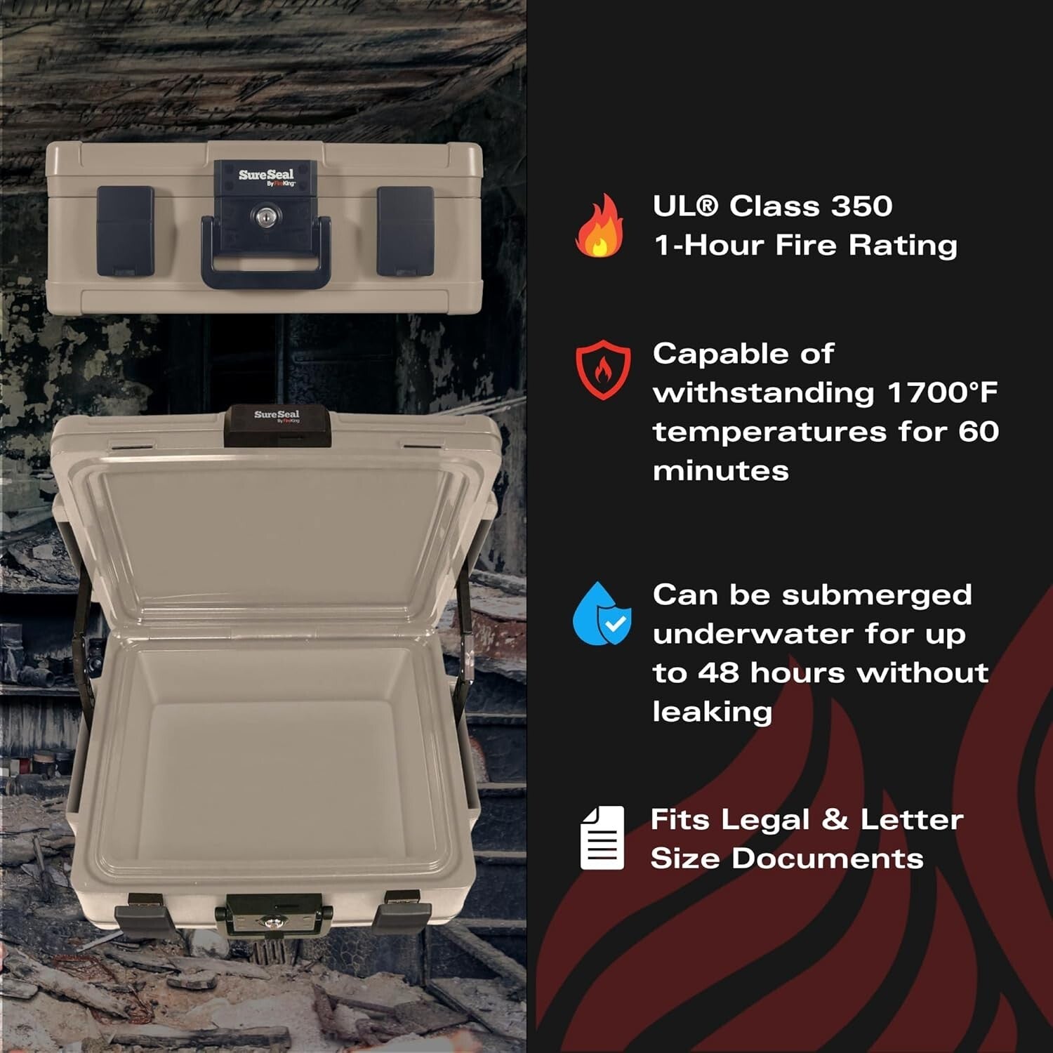 Impact-Rated SureSeal Fireproof Chest - 48 Hour Water Resistance, Key Lock