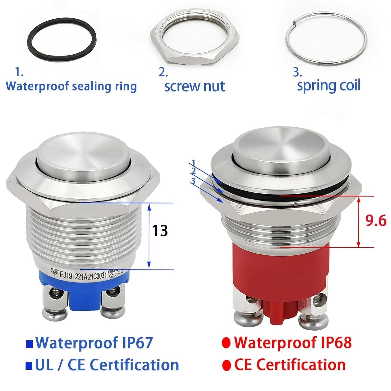 19mm Momentary Push Button Switch Set - IP68 Waterproof for Car and Marine Use