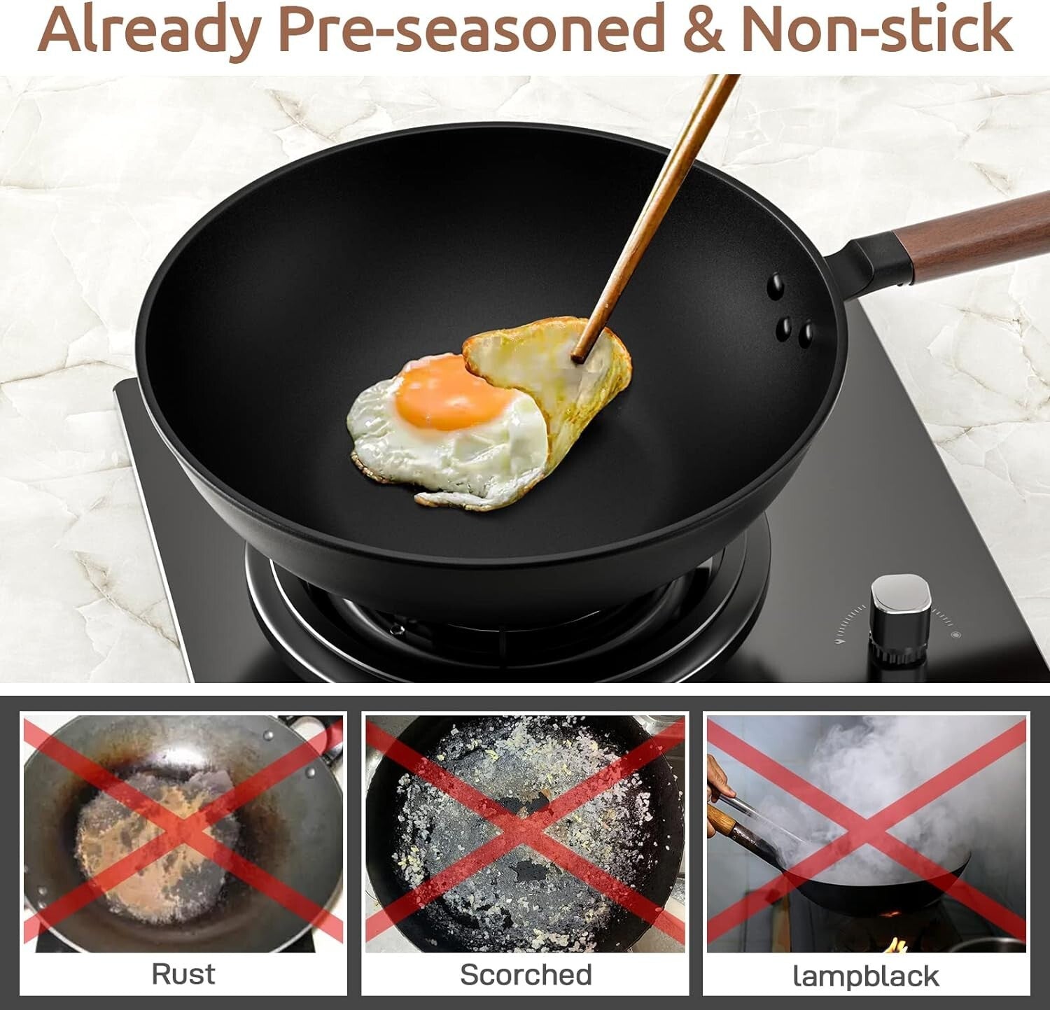 High-Temperature Carbon Steel Wok, 13-Inch with Vertical Lid & Non-Stick Spatula
