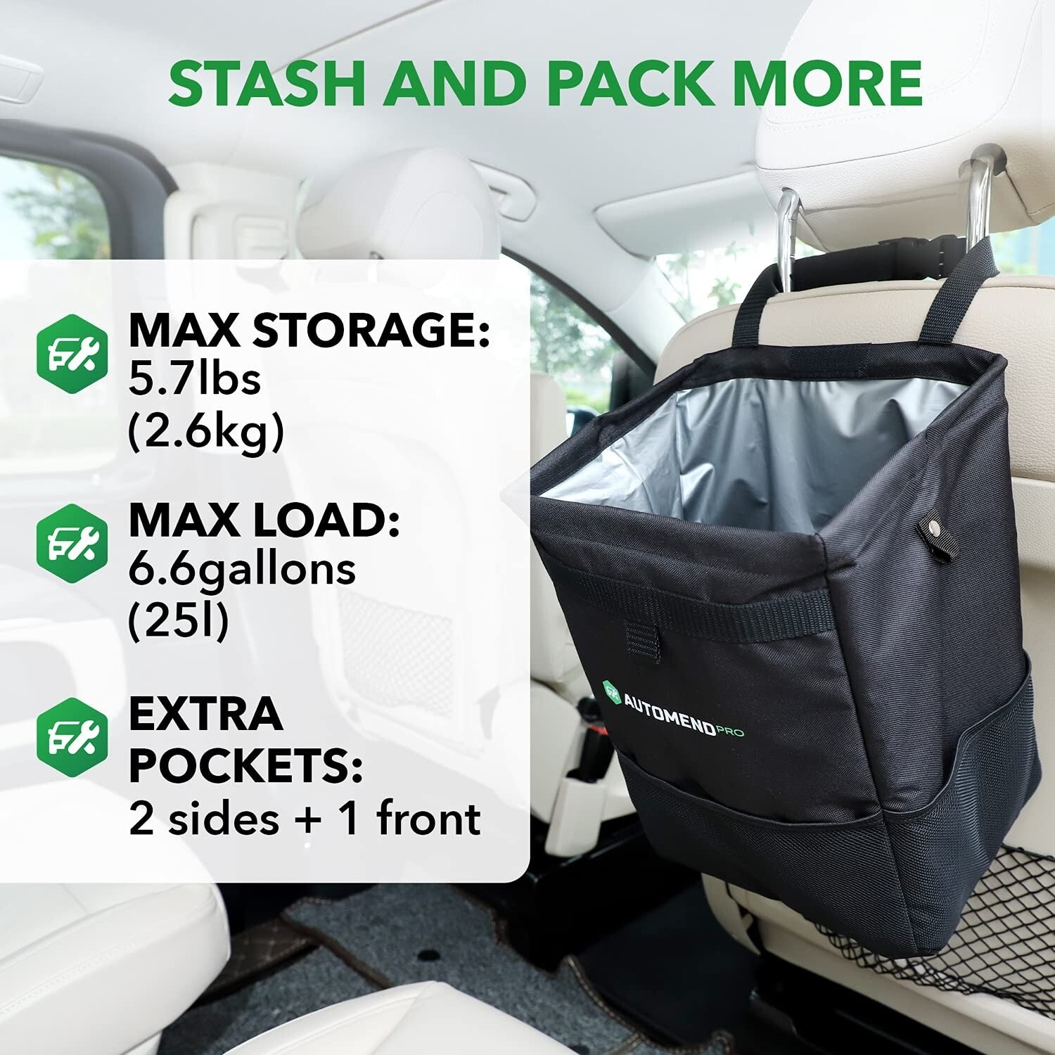 Innovative Hanging Car Trash Can - 6.6 Gallon with Pockets for Travel Essentials