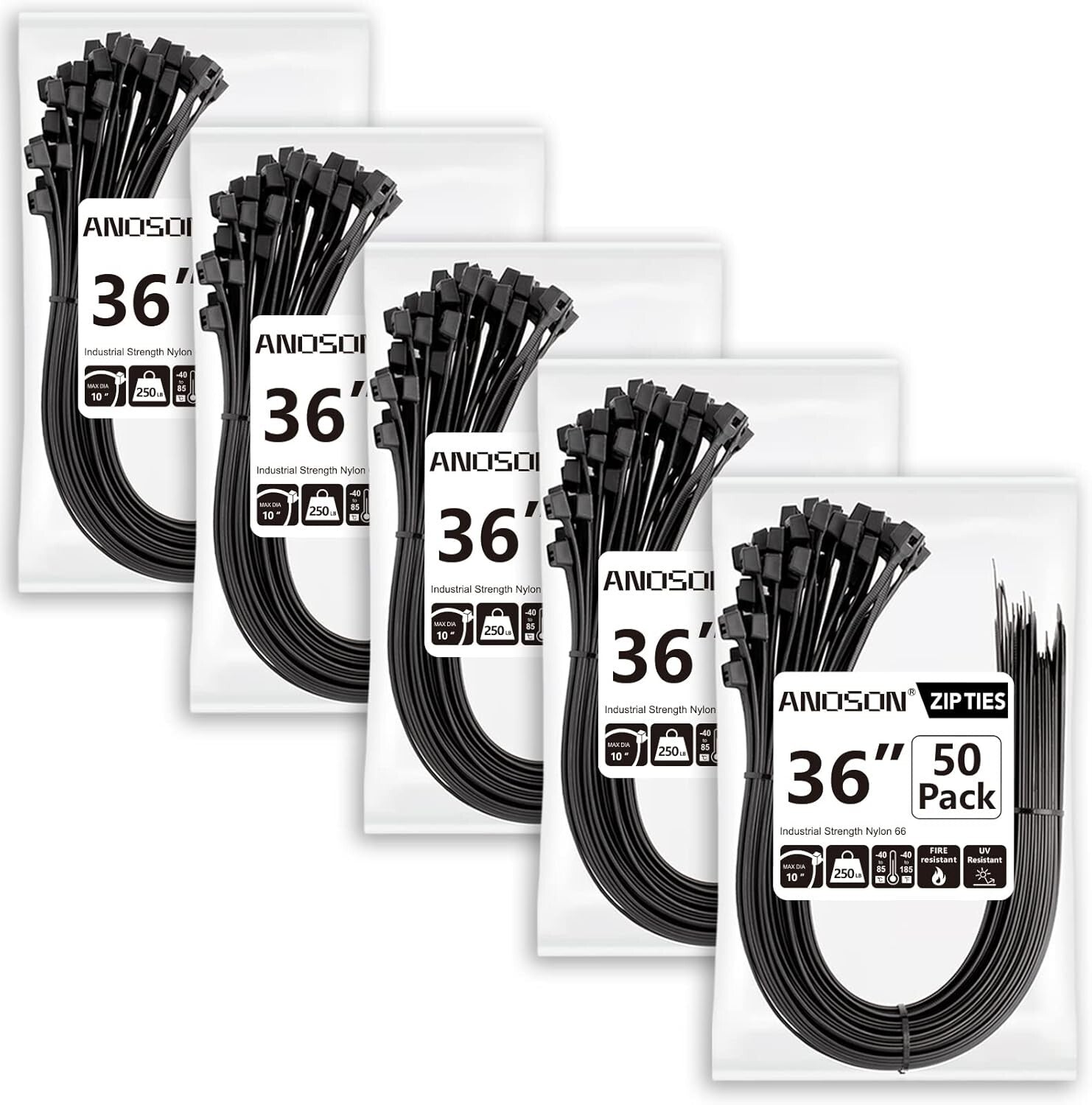 Long-Lasting 250 Pack Zip Ties, 36-Inch Heavy Duty Design with 10" Max Diameter
