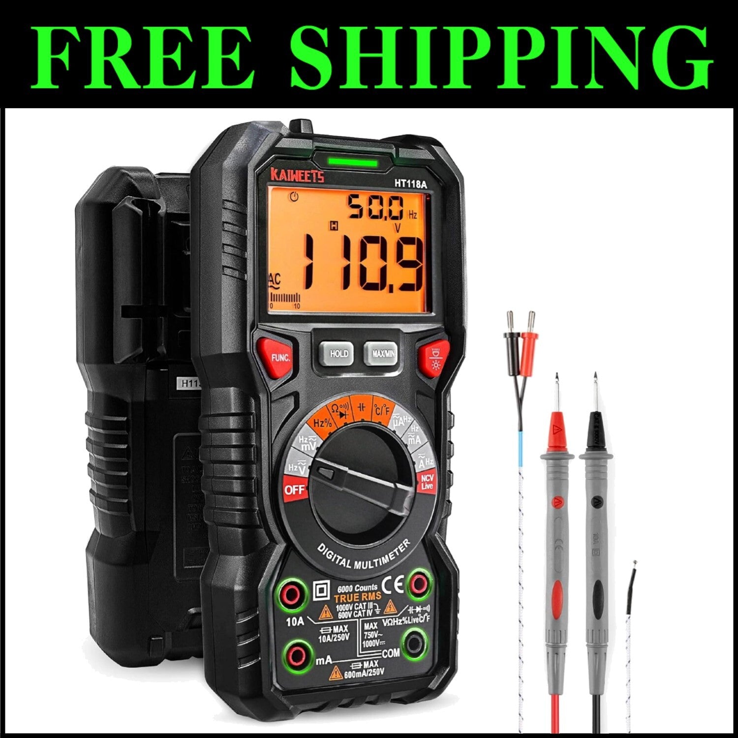 Compact 6000 Counts Digital Multimeter - Battery Operated with Backlight Display