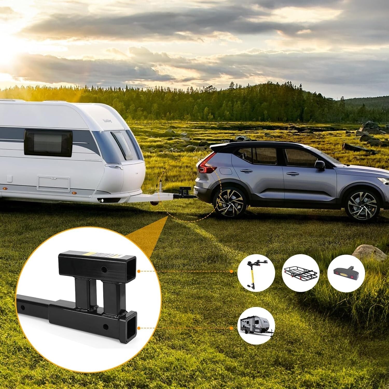 4000lbs Dual Hitch Extension - 2 Inch Receiver Adapter with Adjustable Rise/Drop