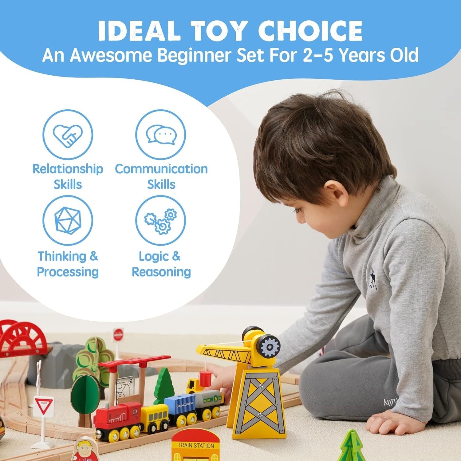 Educational Wooden Train Set with Crane - 55PCS for Toddlers & Kids