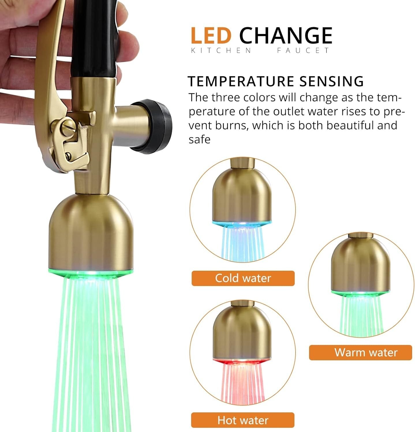Single Handle Brushed Gold Kitchen Faucet with Temperature-Sensitive LED