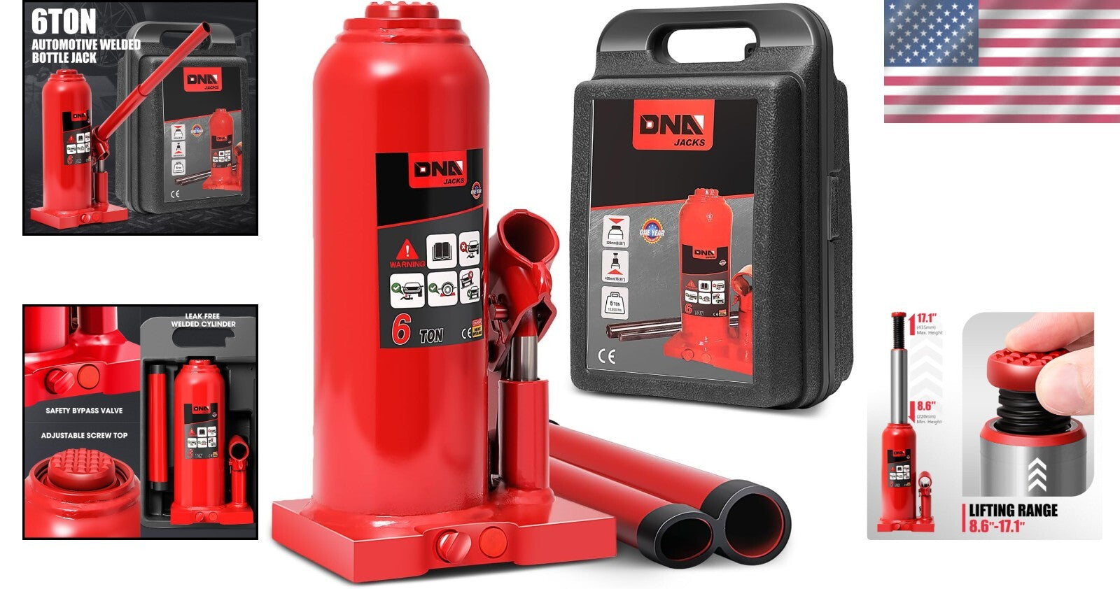 Premium 6 Ton Lifting Bottle Jack – Height Adjustable 8.6 to 17 In, Safe Design