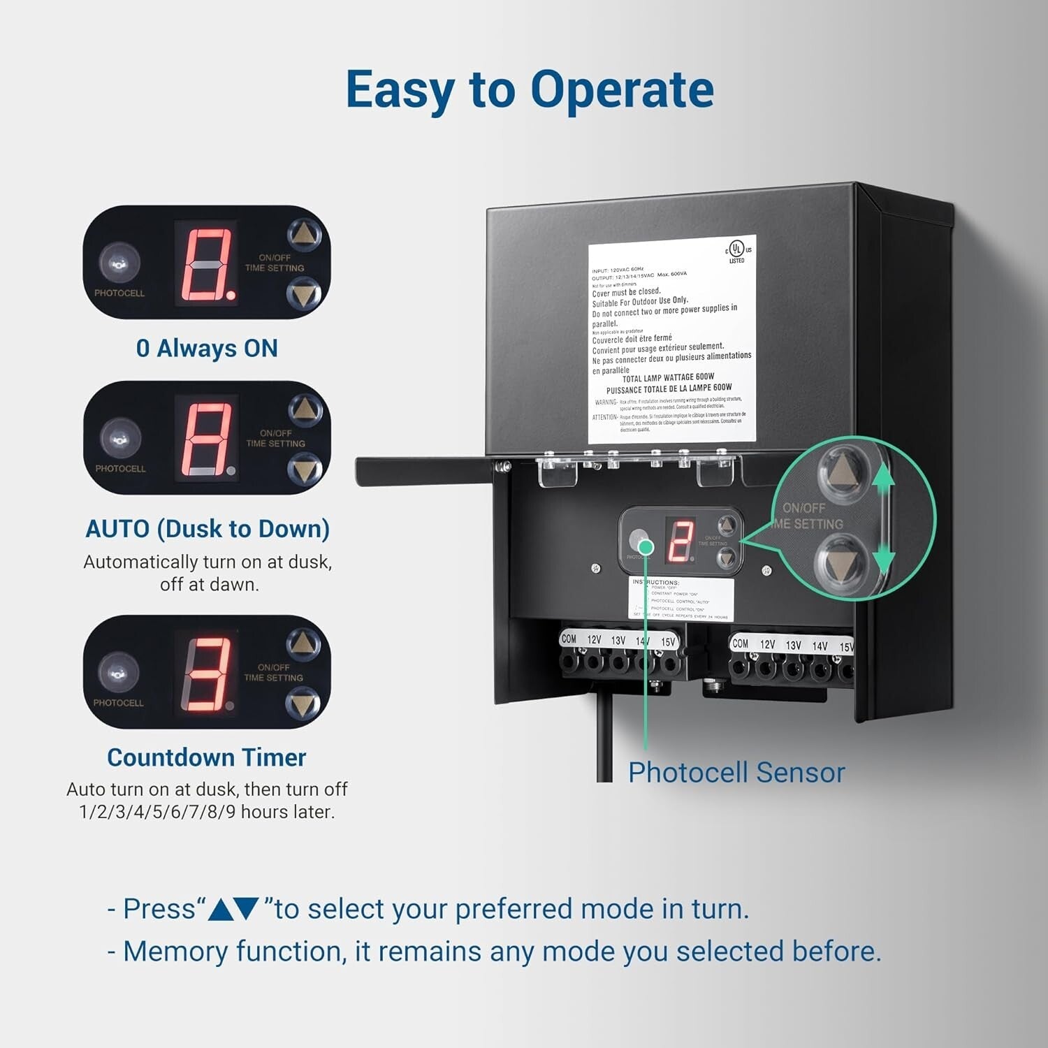 600W Wall-Mounted Landscape Transformer with Corrosion Resistance & Photo Sensor