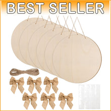 Load image into Gallery viewer, DIY Craft Kit: 12 18-Inch Wood Circles with Bows &amp; Twine for Holiday Projects