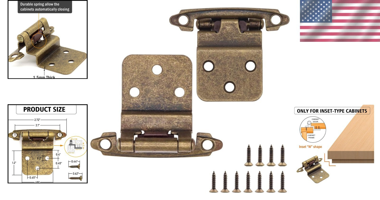 Durable Antique Brass Self-Closing Hinges - 30 Pairs for Kitchen & Bath Cabinets