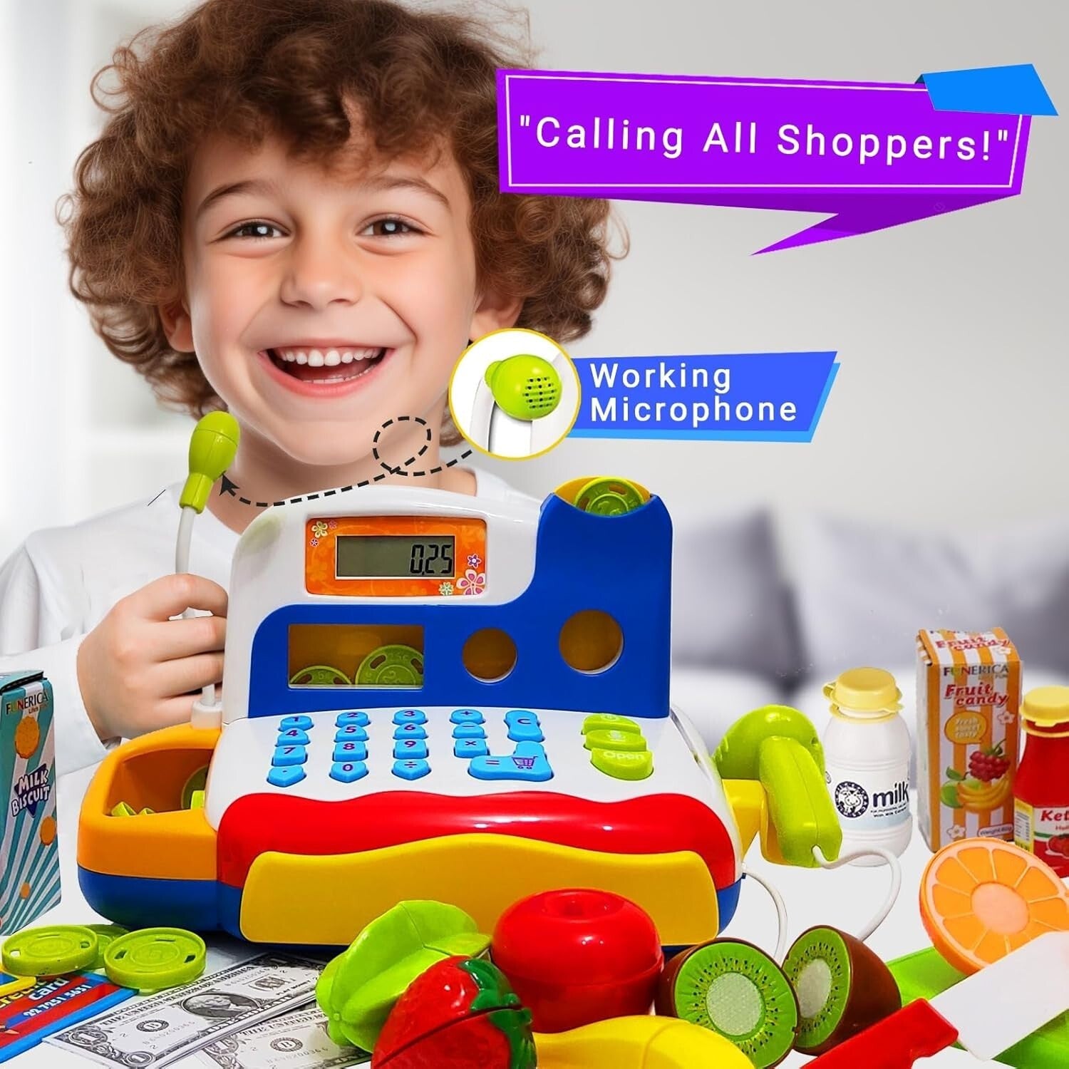 Engaging Toy Cash Register with Sound, Play Money & Grocery Items for Kids