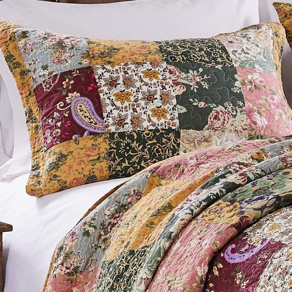 Elegant 3-Piece Full/Queen Cotton Patchwork Quilt Set - Natural Floral Design