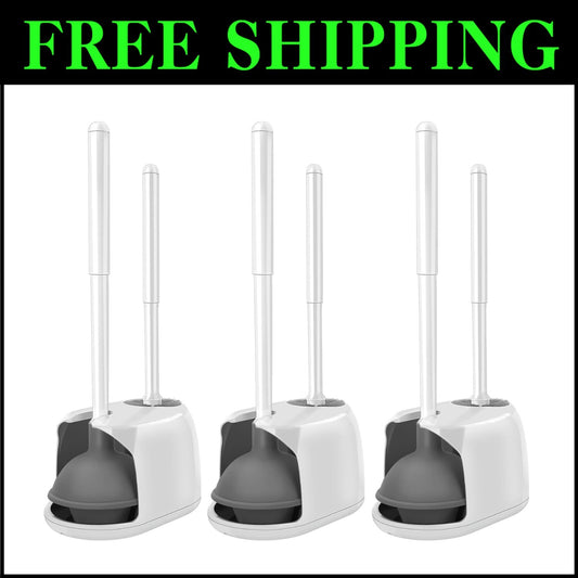 White Toilet Cleaning Kit with Strong-Suction Plunger - 3 Pack With Holder
