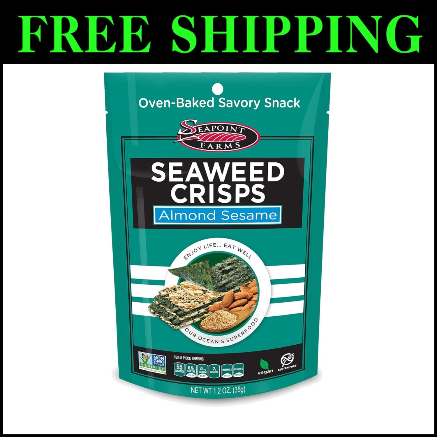 Delicious Seaweed Crisps - Almond Sesame, Vegan & Gluten-Free Snack Pack of 12