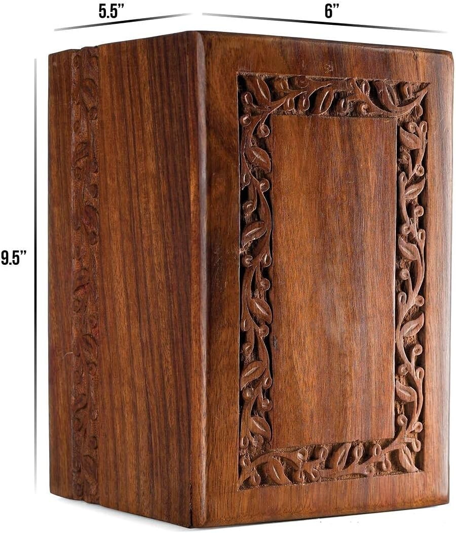 Intricate Engraved Rosewood Urn for Ashes - Memorial for Adults with Velvet Bag
